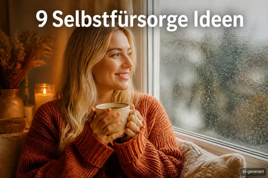Frau genießt Me-Time an einem Regentag im April – Selbstfürsorge Ideen für drinnen