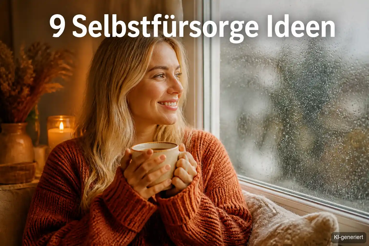 Frau genießt Me-Time an einem Regentag im April – Selbstfürsorge Ideen für drinnen