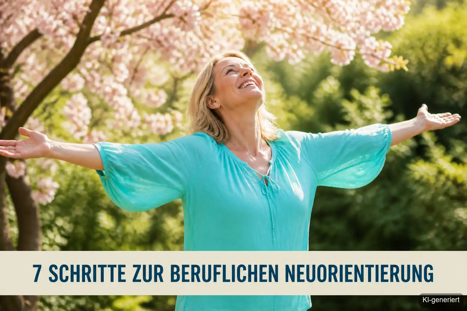 Frau im Frühling vor blühendem Baum steht für berufliche Neuorientierung und Neuanfang