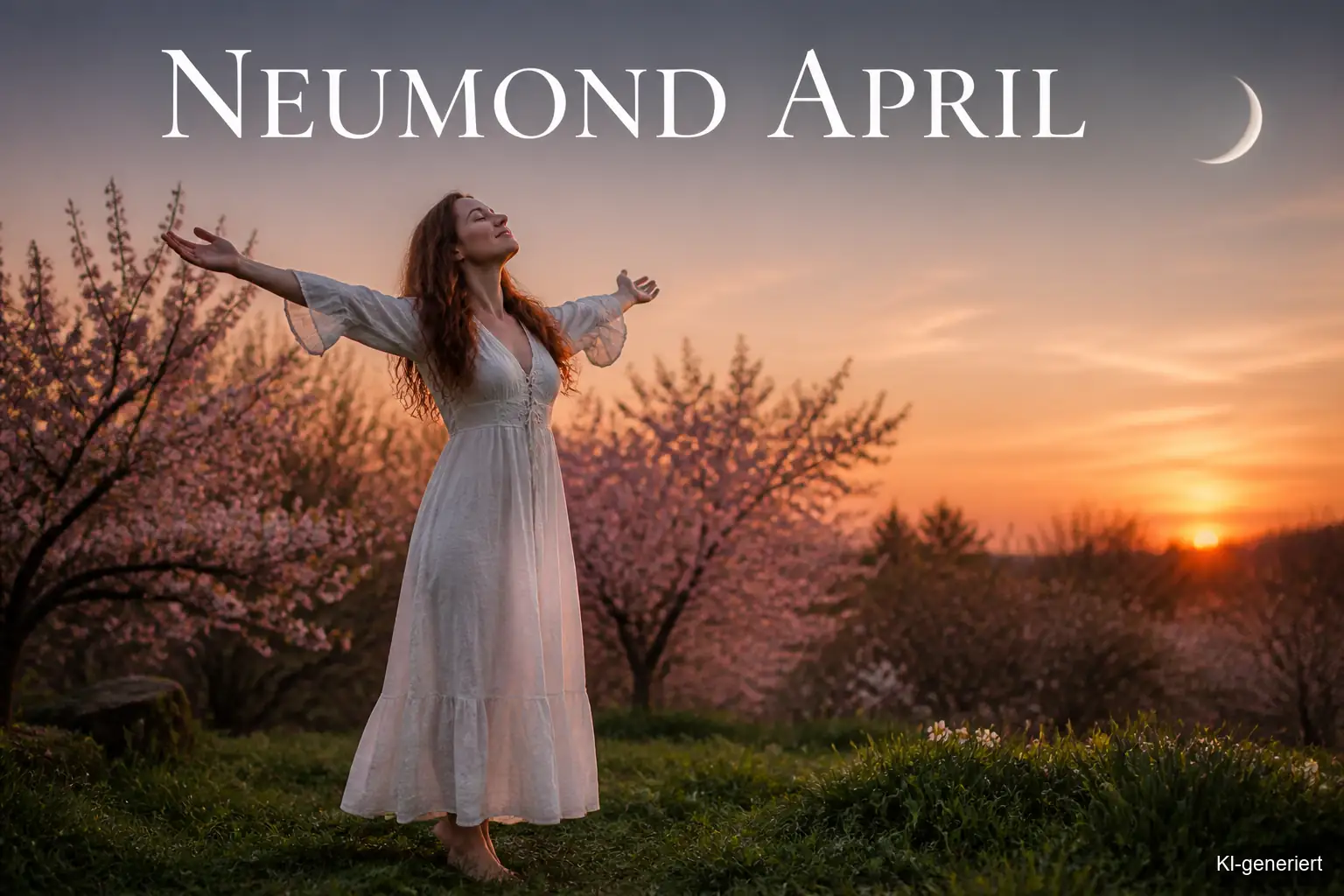 Neumond April Rituale für neues Wachstum – Frau im Frühling mit ausgebreiteten Armen