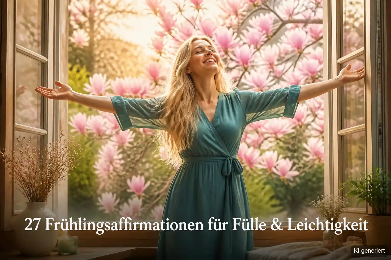 Frau öffnet Fenster im Frühling und lädt Leichtigkeit und Fülle ein – 27 Frühlingsaffirmationen für April