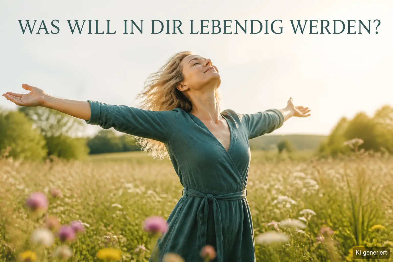 Frau breitet Arme im Frühlingslicht aus – innere Leere überwinden im Frühling
