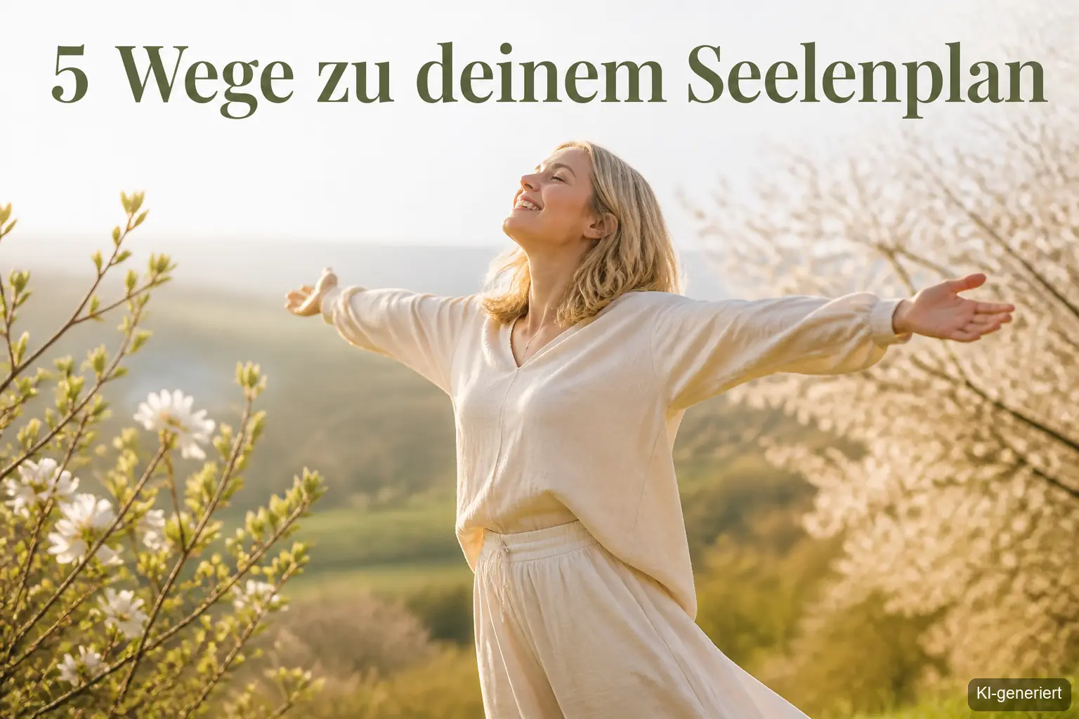 Frau streckt die Arme aus in Frühlingslandschaft – 5 Wege den Seelenplan im April erkennen