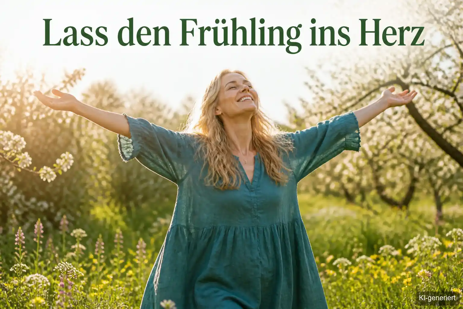 Frau breitet Arme im Frühling aus – Stressabbau Übungen für den April