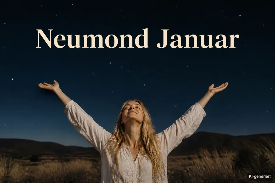 Frau streckt Arme in Januarnacht – Neumond Januar Intentionen setzen