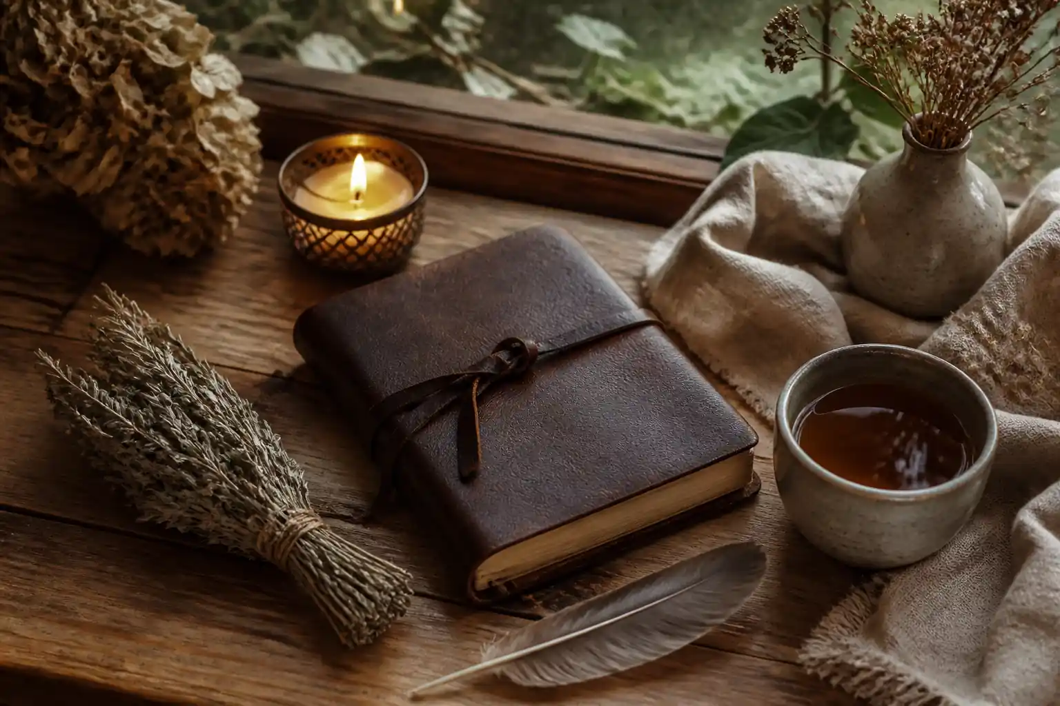 Rauhnächte Journal und Kerze auf Holztisch – Abendroutine Rauhnächte