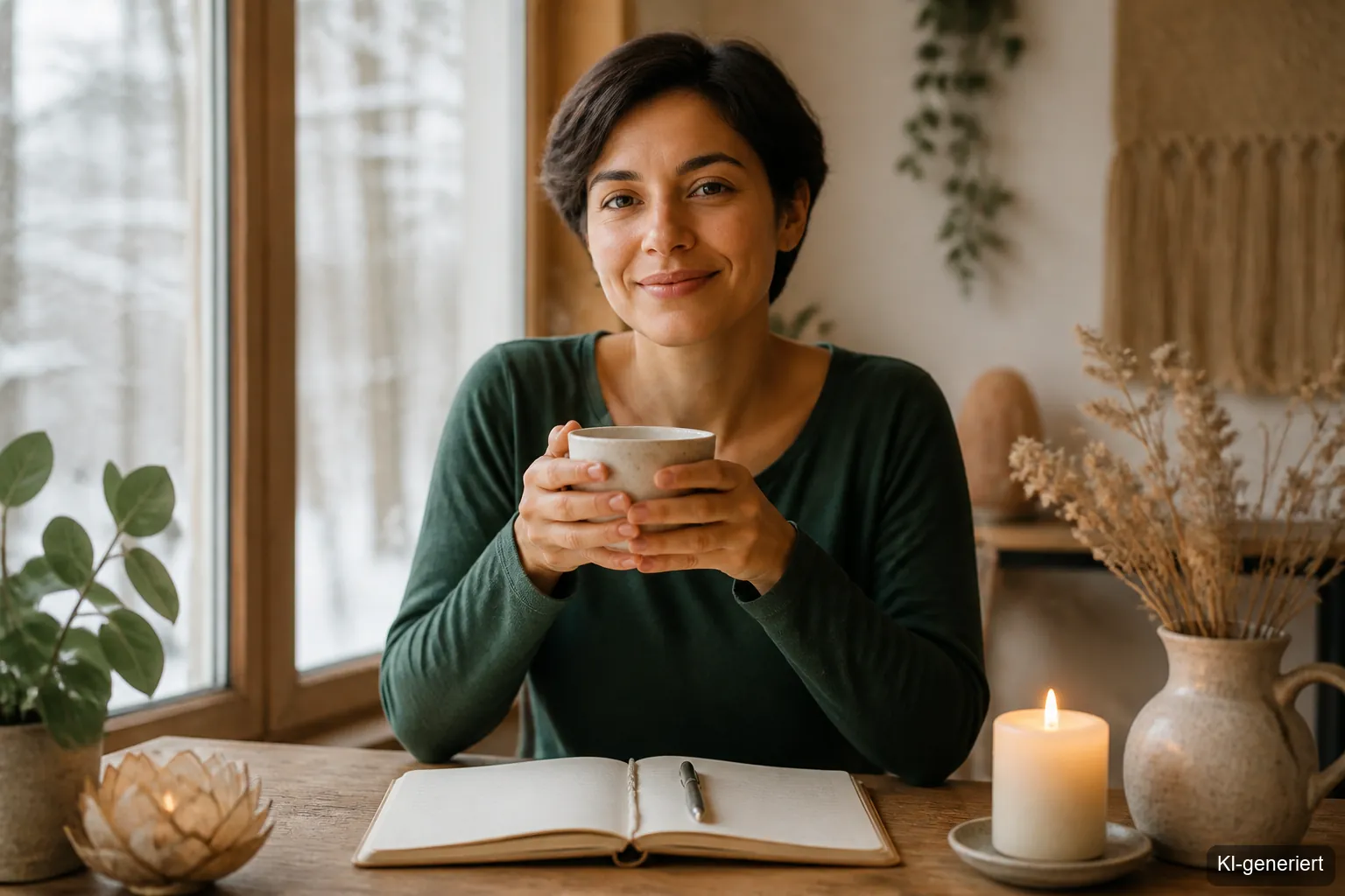Frau mit einer Kerze und einem warmen Tee als Teil ihrer Morgenroutine Ideen im Winter