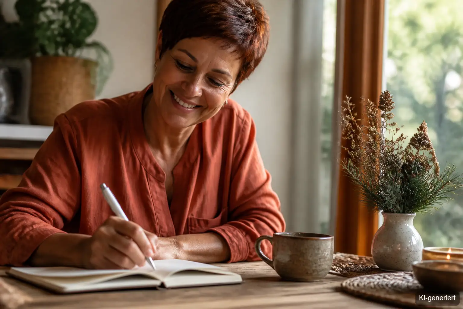 Frau beginnt ihren Januarmorgen mit positiven Gedanken und innerer Ruhe
