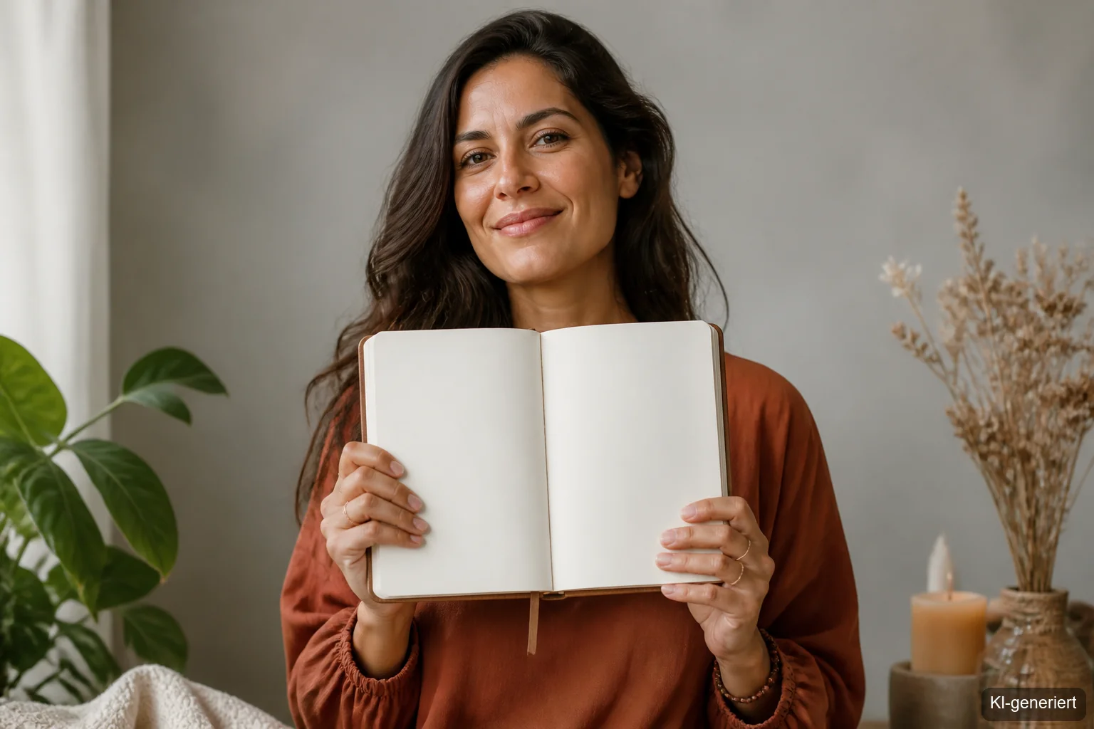 Journaling Ideen Jahresstart – Frau mit dunklem Haar hält Notizbuch mit Journaling Fragen hoch