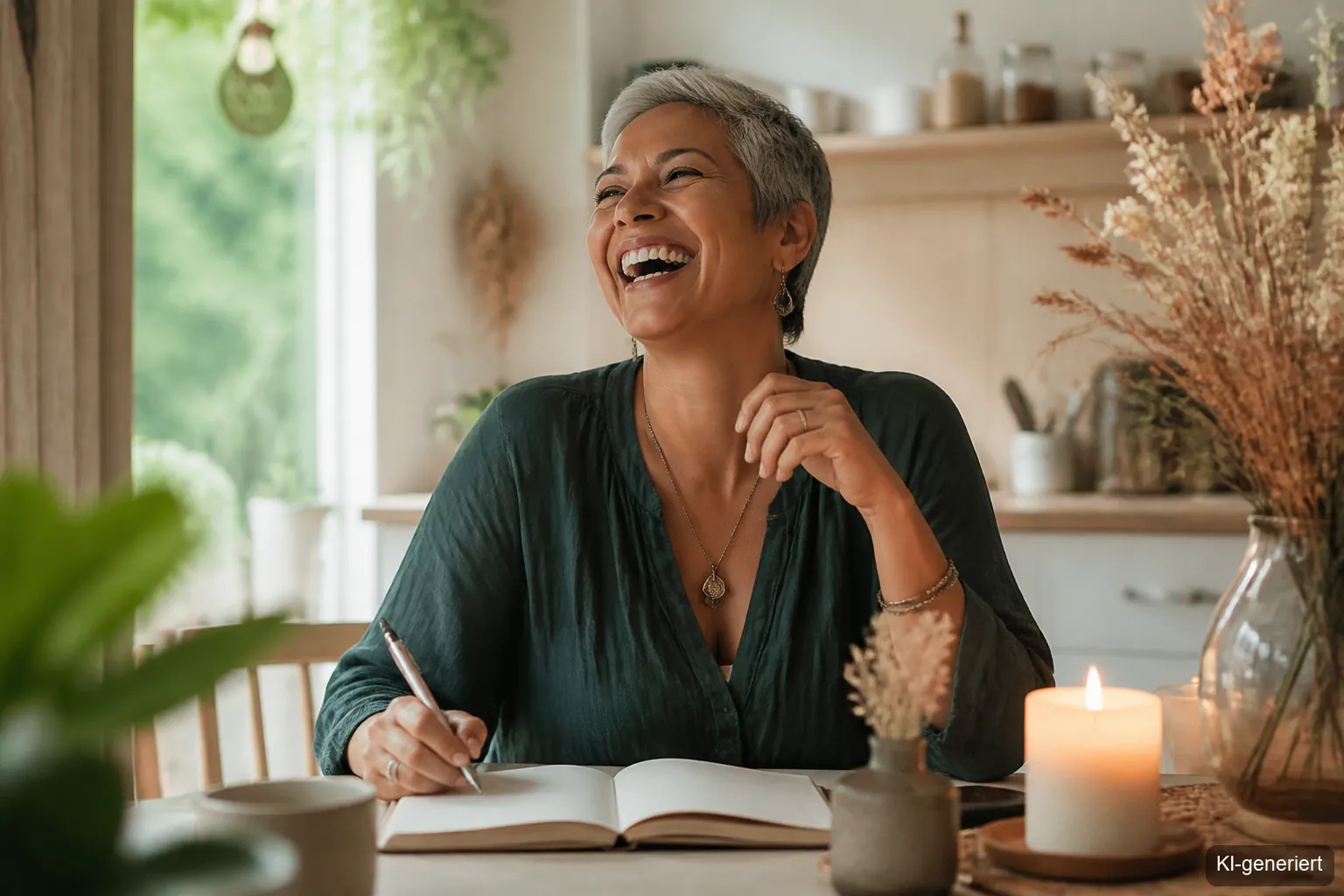 Journaling Ideen Selbstliebe Winter – Frau schreibt beim Kerzenlicht in ihr Journal