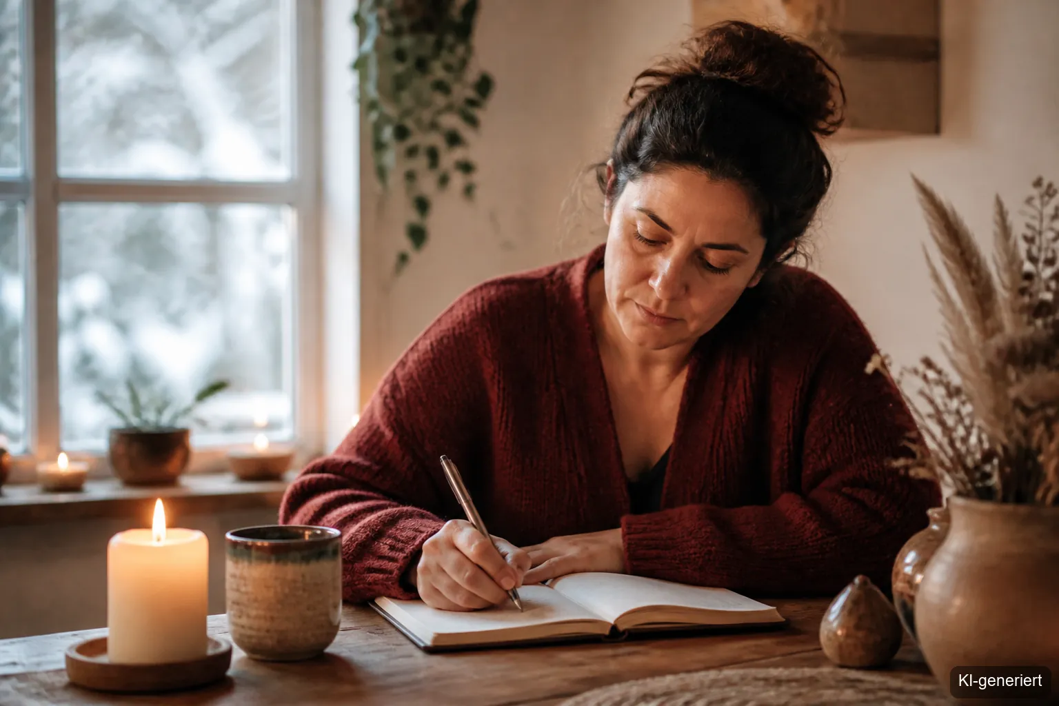 Frau schreibt in ein Journal, emotionale Heilung durch Selbstreflexion