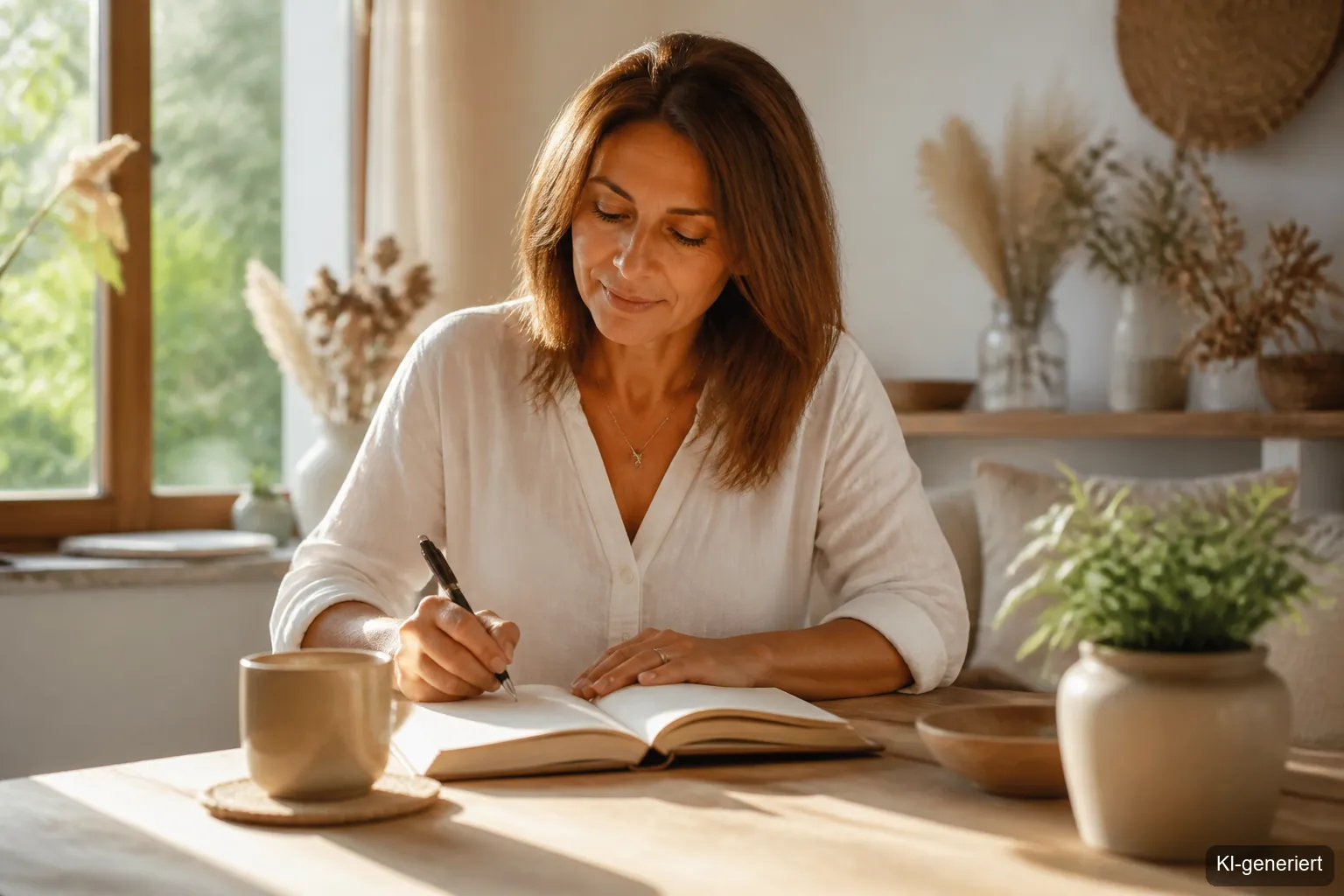 Frau schreibt Affirmationen in ihr Journal – Selbstliebe Affirmationen Übung