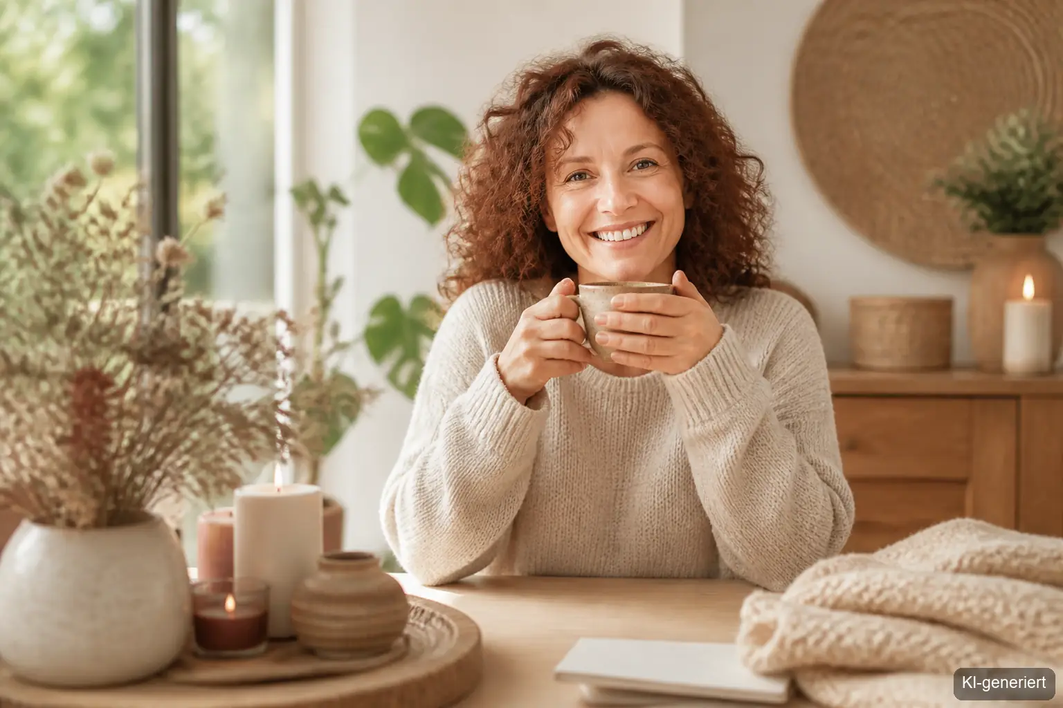 Selbstfürsorge Checkliste Februar: Frau mit Tasse Tee in warmer Collage-Komposition