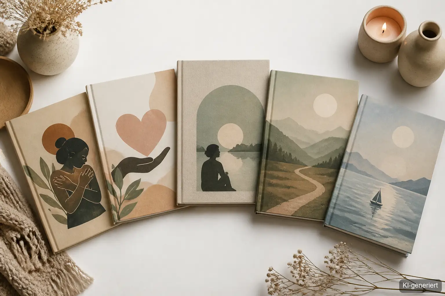 Collage mit 5 Buchtiteln für Selbstliebe und Heilung in Petrol und Terracotta Farben