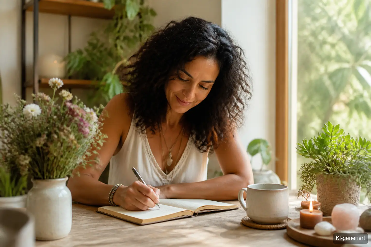 Frau mit dunklen Haaren schreibt in ihr Journal – Journaling Ideen für Selbstreflexion im Frühling