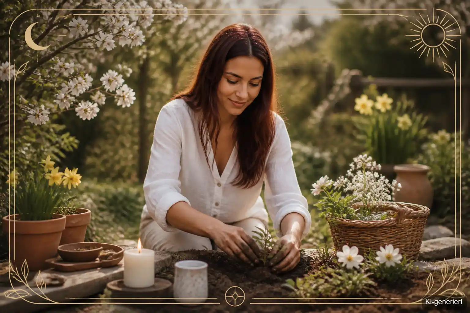 Ostara Ritual – Frau pflanzt Samen als Symbol für inneres Wachstum