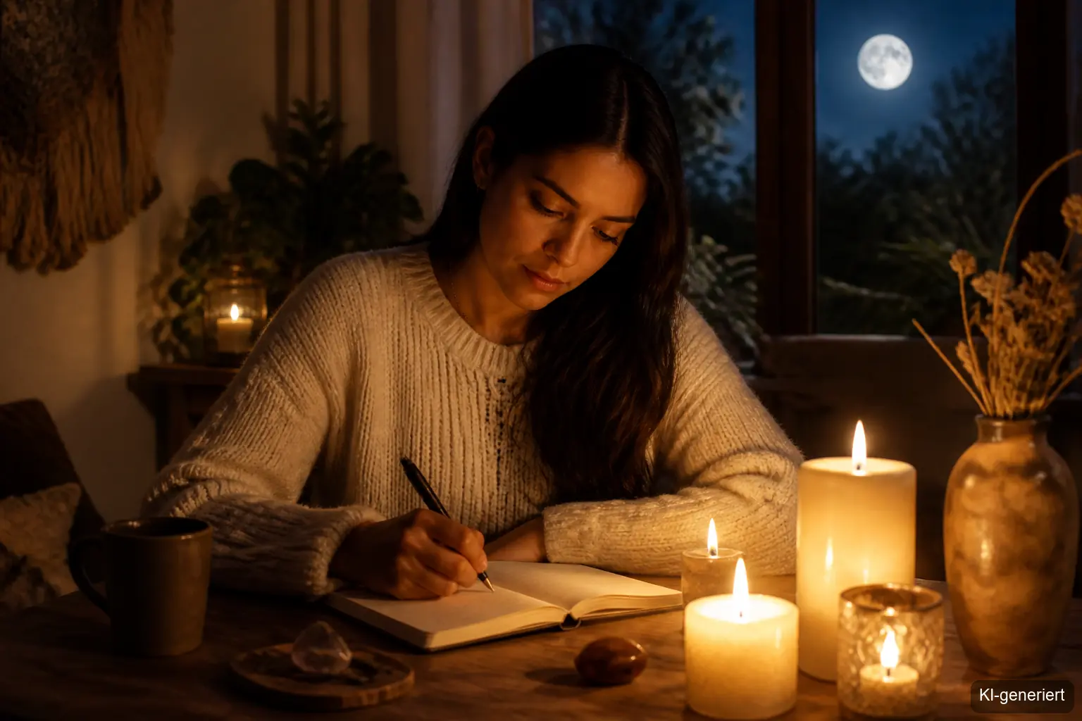 Vollmond März spirituelle Bedeutung – Frau bei Kerzenlicht mit Journaling
