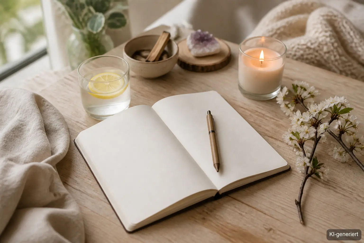 Morgenroutine Ideen für den Frühling – Collage aus Kerze, Glas Wasser und Journal mit Petrol-Akzenten