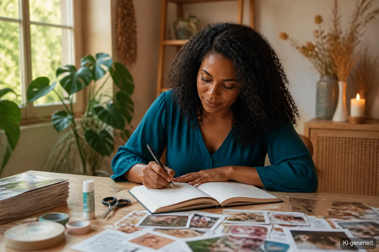 Vision Board erstellen Frühling – Frau schreibt in Notizbuch mit bunten Bildausschnitten auf dem Tisch