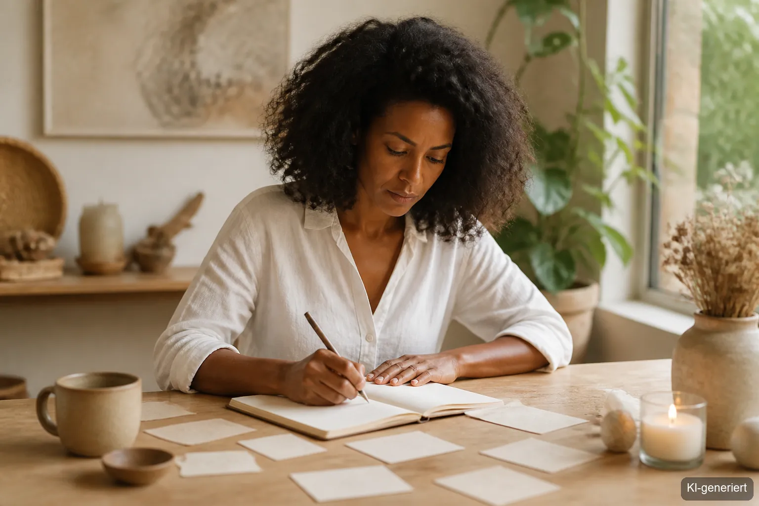 Frau schreibt Journaling-Fragen zum Loslassen lernen und Jahresrückblick