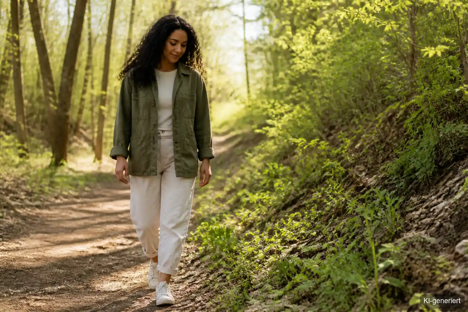 Frau geht achtsam einen sonnigen Waldweg entlang und blickt auf frisches Grün am Wegrand im Frühling