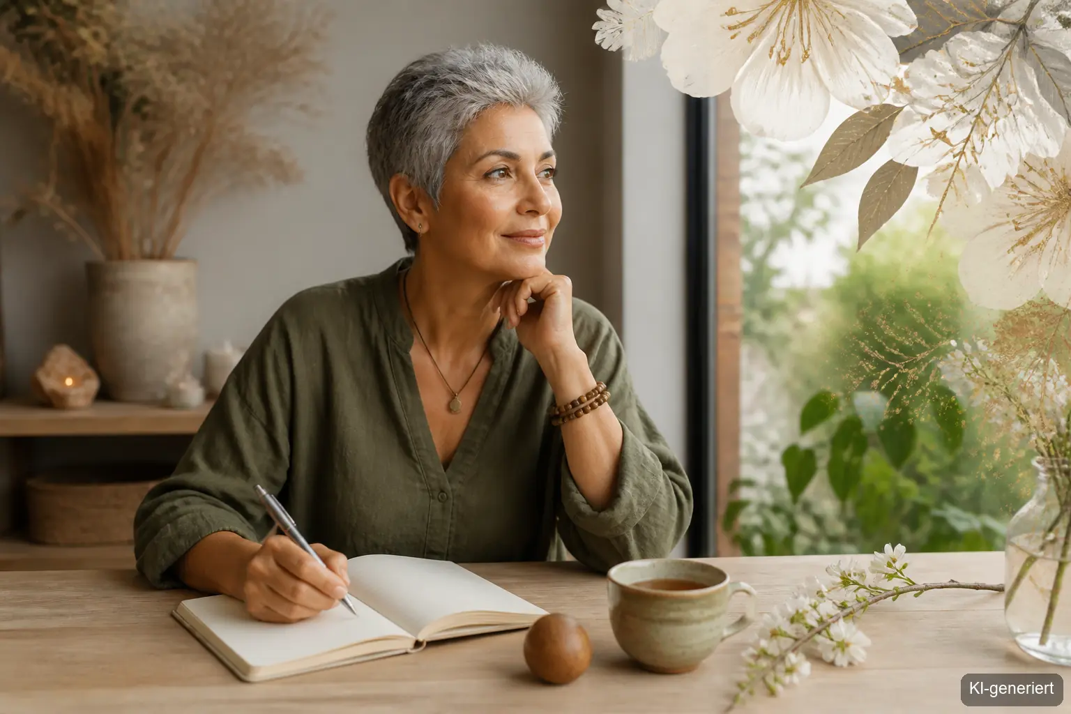 Frau schreibt in Notizbuch mit gemaltem Ei – Ostern spirituell und Rituale für Transformation