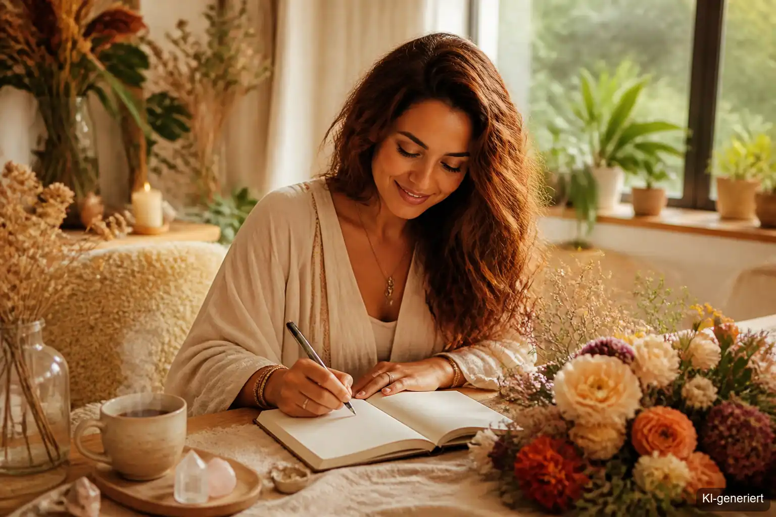 Frau schreibt Affirmationen für Leichtigkeit und Fülle in ihr Journal – spirituelle Morgenroutine im Frühling