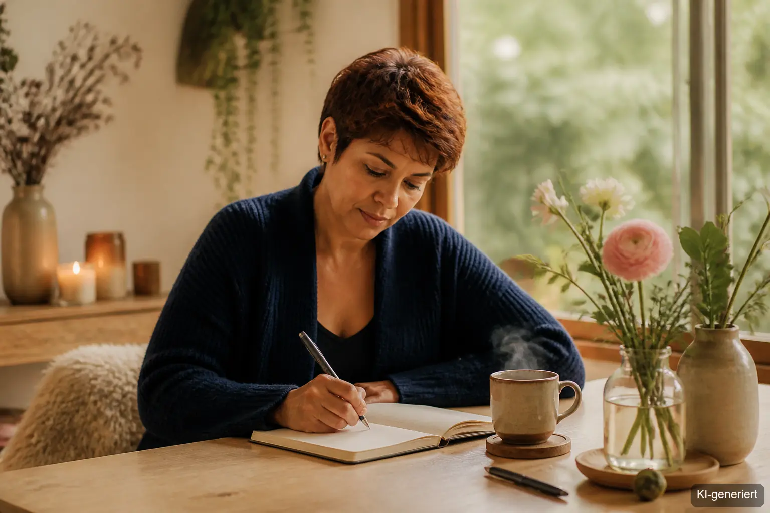 Frau hält Journaling-Heft mit 7 Selbstfindungsfragen für Veränderung leben im Frühling