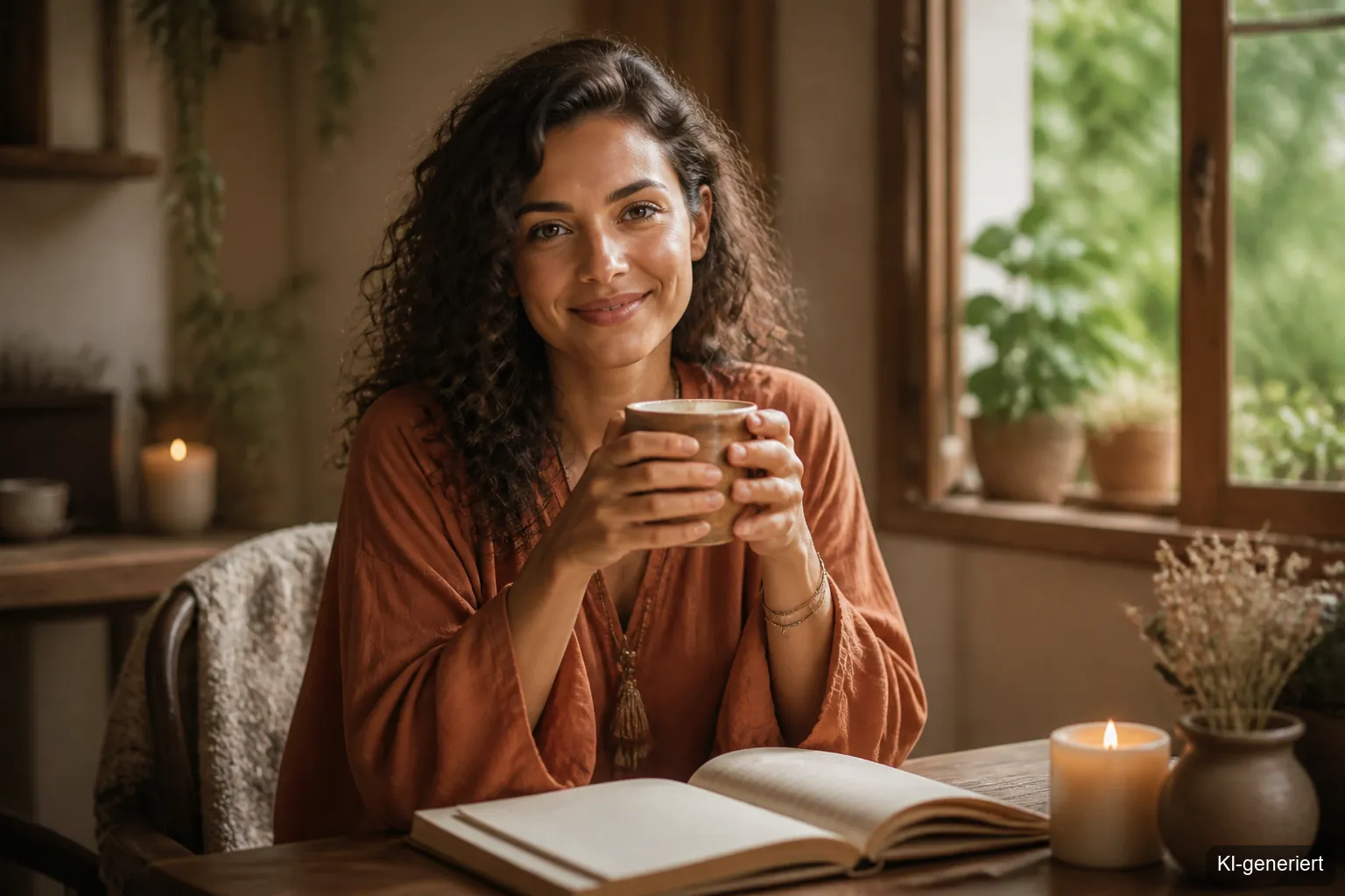 Frau hält Tasse und praktiziert Selbstfürsorge Ideen im Januar mit echter Präsenz