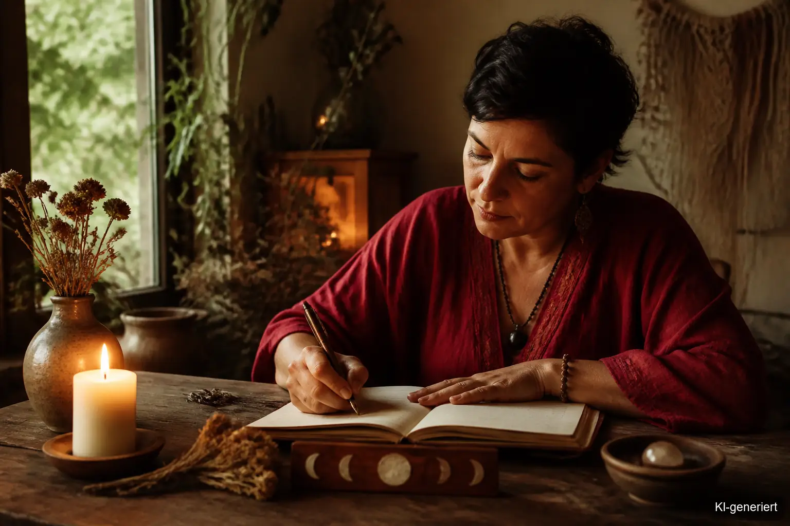 Frau schreibt Vollmond Journaling Januar, Vollmondritual Loslassen