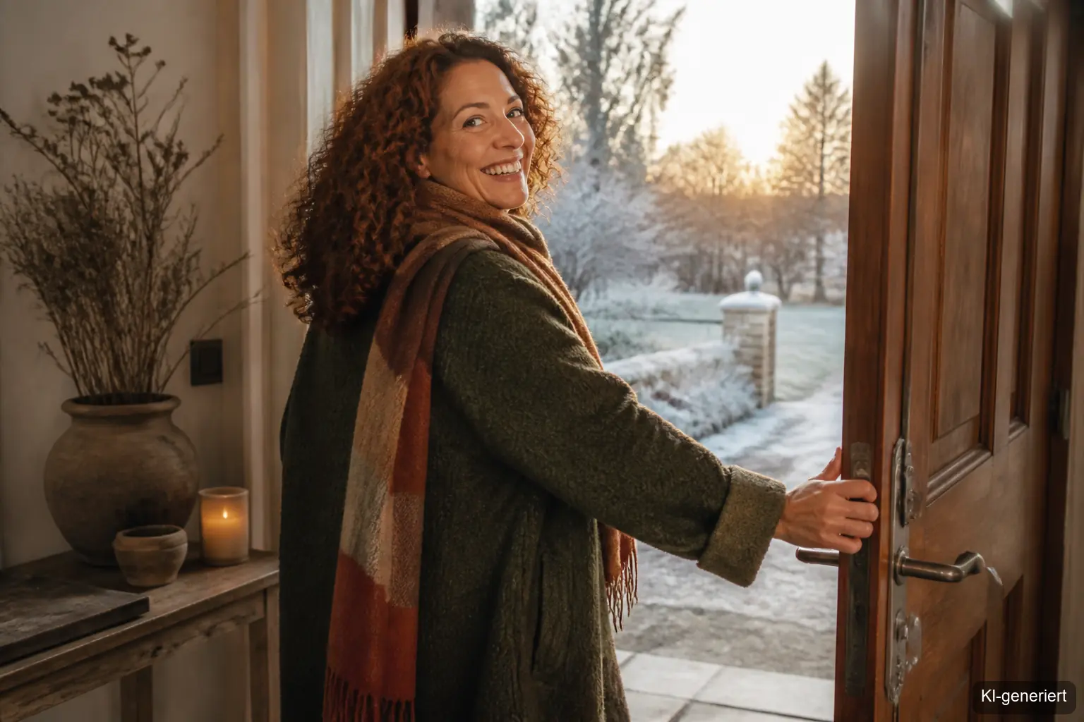 Frau dreht sich lachend im Winterlicht um als Symbol für eine kraftvolle Morgenroutine im Januar