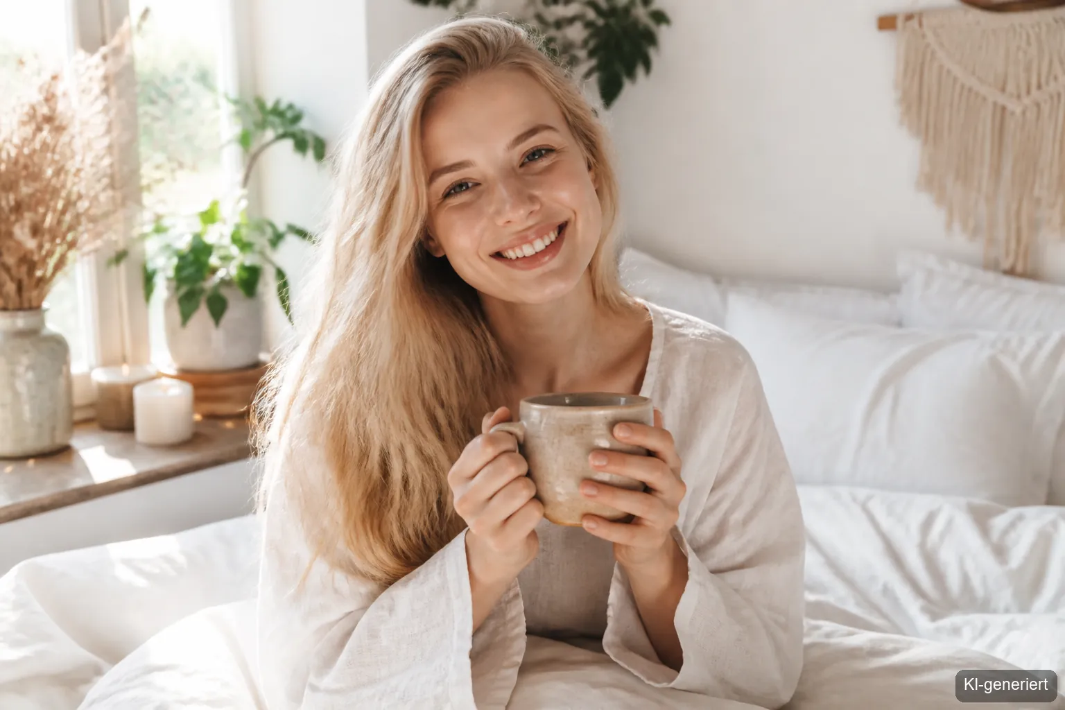 Junge Frau liegt entspannt im Bett mit Teetasse – Abendroutine ohne Druck für innere Ruhe finden
