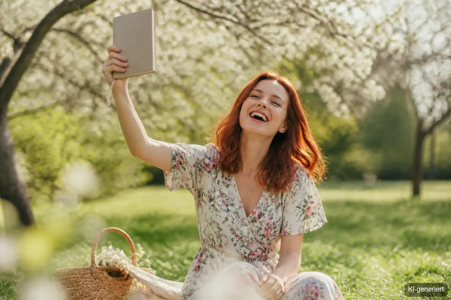 Junge Frau mit rotbraunen Haaren hält lachend ein Journal in der Hand im Freien – Journaling Ritual Frühling