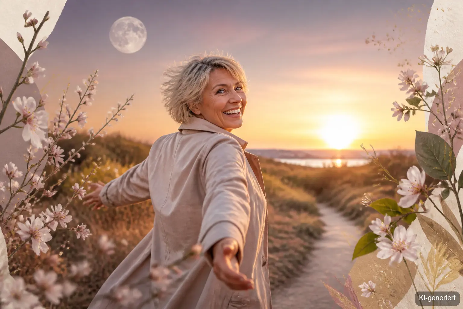 Vollmond Ritual loslassen im Frühling – Frau schüttelt Winterenergie ab in der Abendsonne