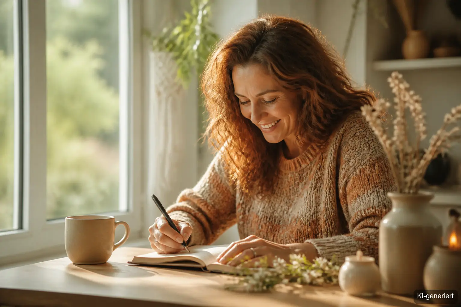 Morgenroutine Ideen Frühling – Frau schreibt im Sonnenlicht in ihr Journal mit sichtbarer Freude
