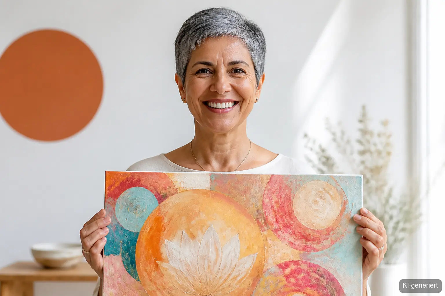 Vision Board Schöpferkraft manifestieren – Frau hält buntes Vision Board und lächelt in die Kamera