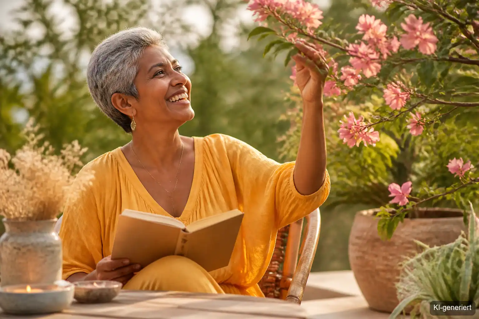 Journaling Fragen für Selbstreflexion – Frau mit offenem Journal im Frühling