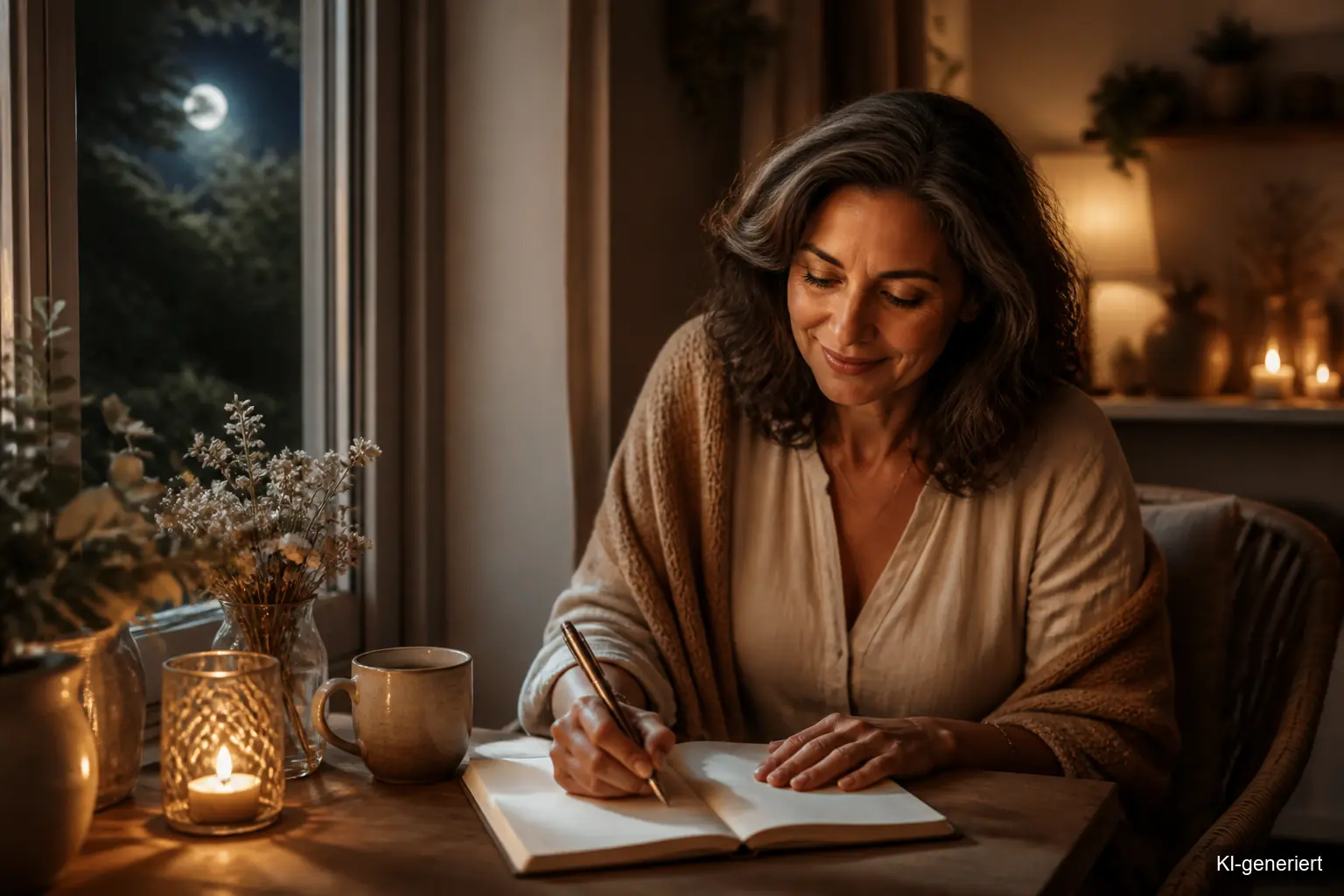 Frau schreibt beim Vollmond Ritual Journaling-Fragen für innere Stärke