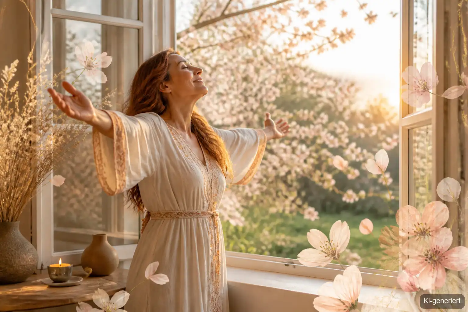 Frau am offenen Fenster im Frühling – Seelenplan leben und innere Wahrheit folgen