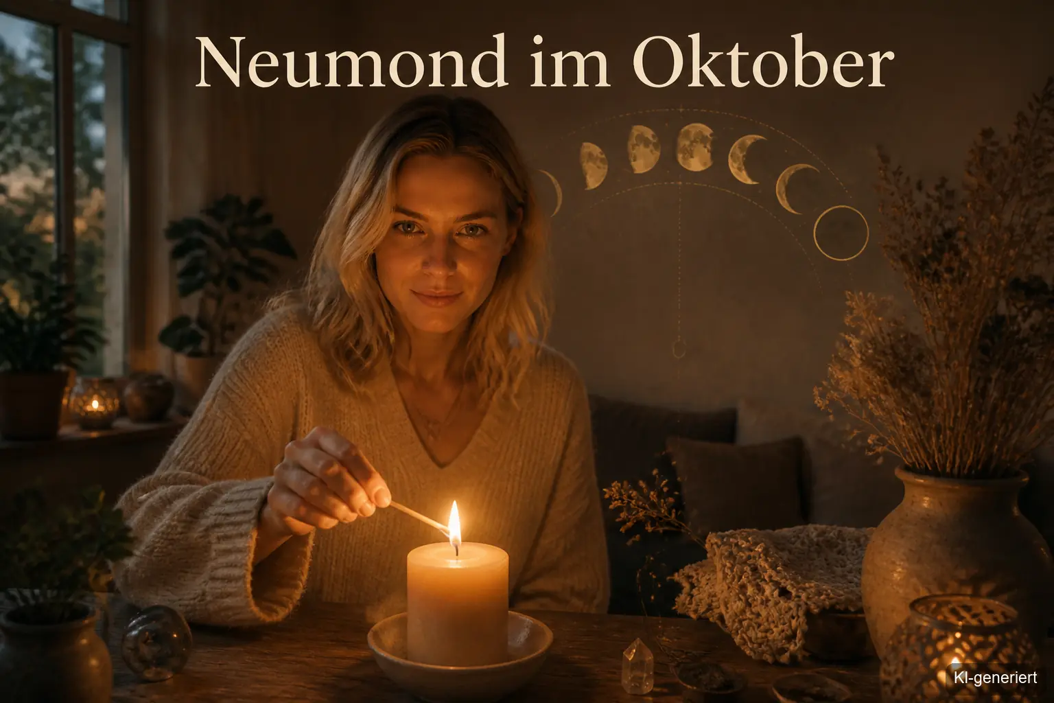 Neumond im Oktober: Frau zündet bei Dämmerung eine Kerze für ihr Neumondritual an