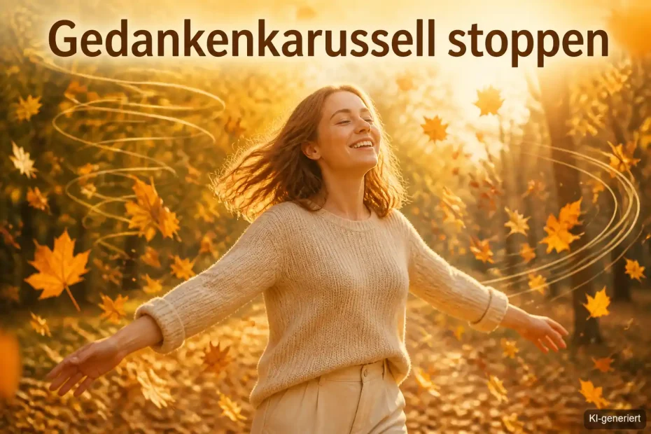 Frau findet innere Ruhe und stoppt ihr Gedankenkarussell im Herbst