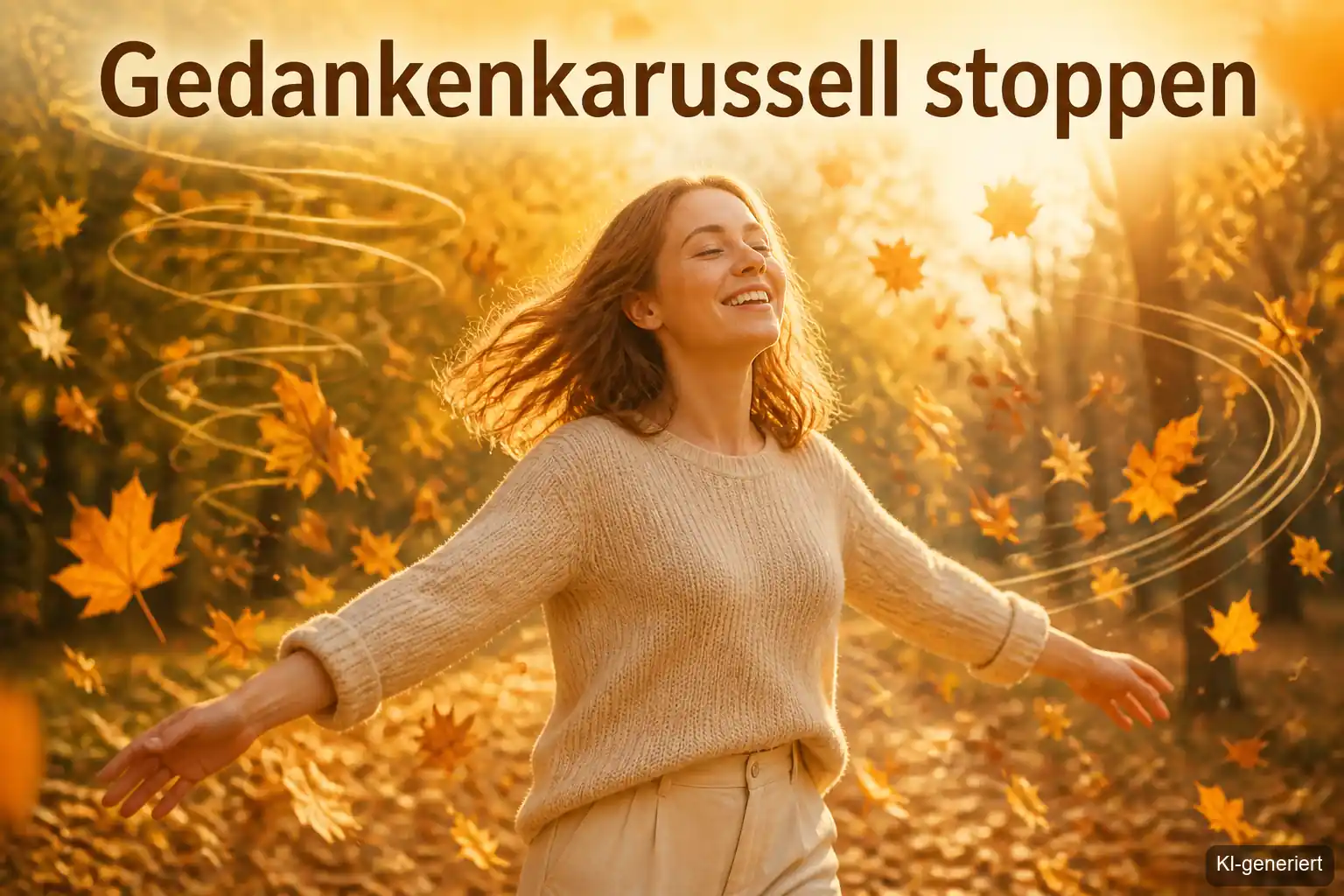 Frau findet innere Ruhe und stoppt ihr Gedankenkarussell im Herbst