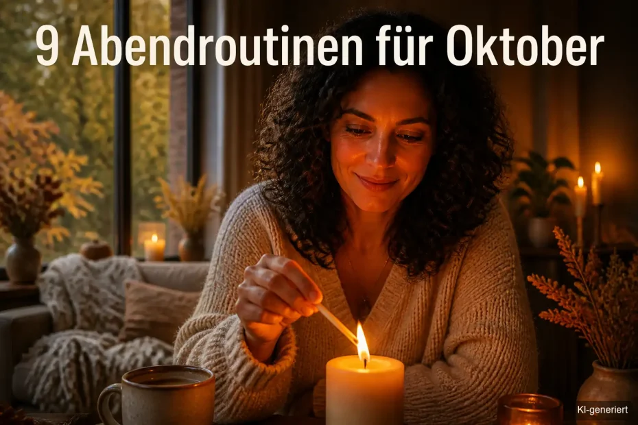 Frau zündet im Oktober abends eine Kerze an als Teil ihrer Abendroutine