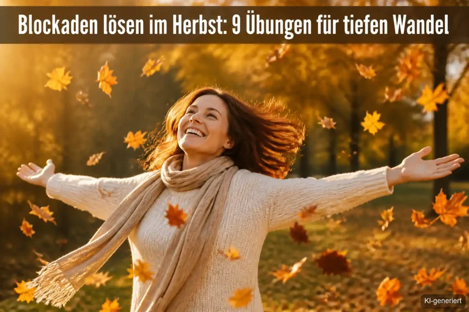Blockaden lösen im Herbst: Frau lässt symbolisch ein Herbstblatt los