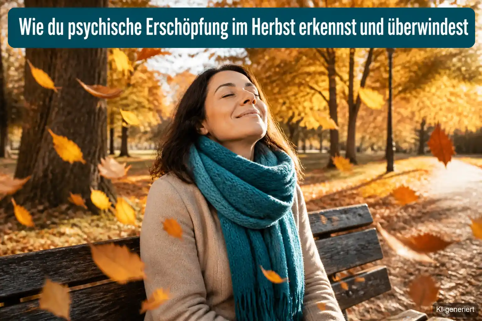 Frau sitzt erschöpft auf einer Bank im Herbstlaub und atmet durch, psychische Erschöpfung im Herbst