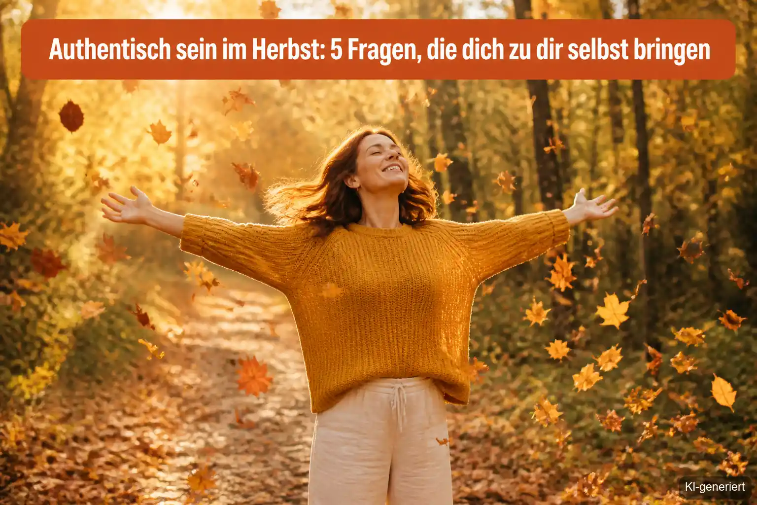 Frau steht im Herbstlaub mit ausgebreiteten Armen als Symbol für authentisch leben
