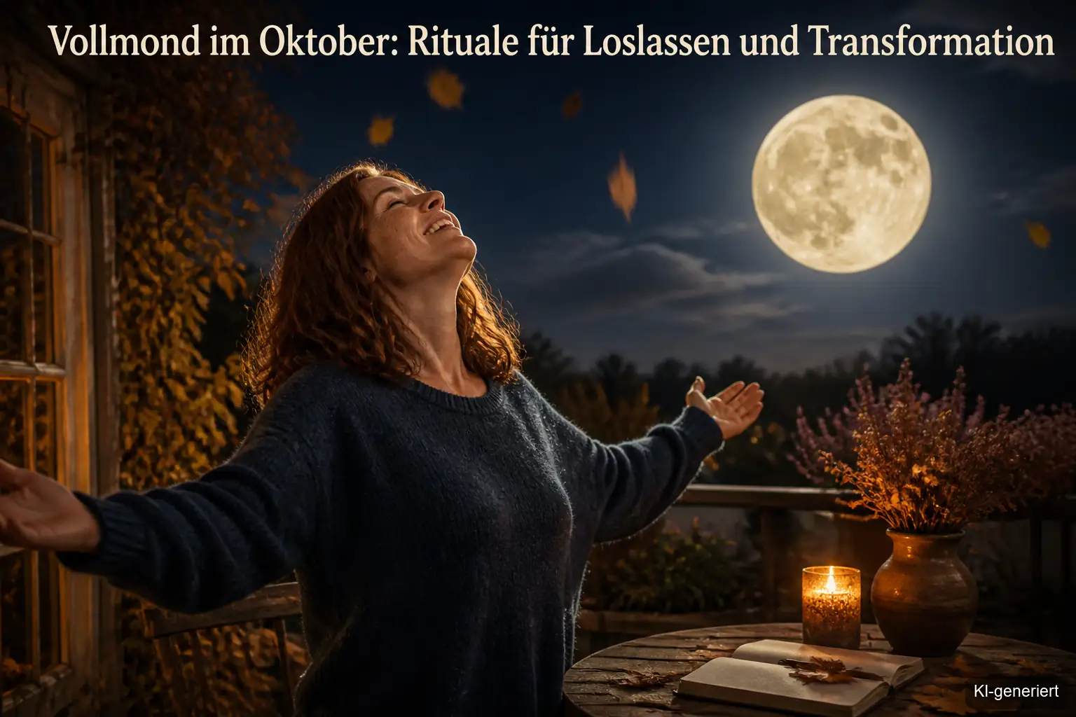 Vollmond im Oktober: Frau bei einem Loslassritual in der Vollmondnacht