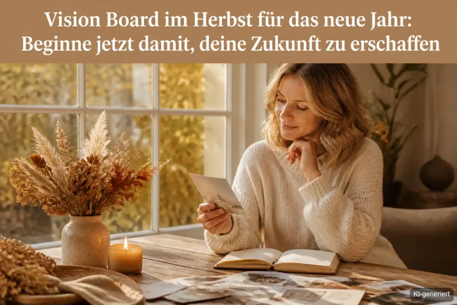 Frau sitzt im warmen Herbstlicht und gestaltet ihr Vision Board mit Fotos und Worten für das neue Jahr