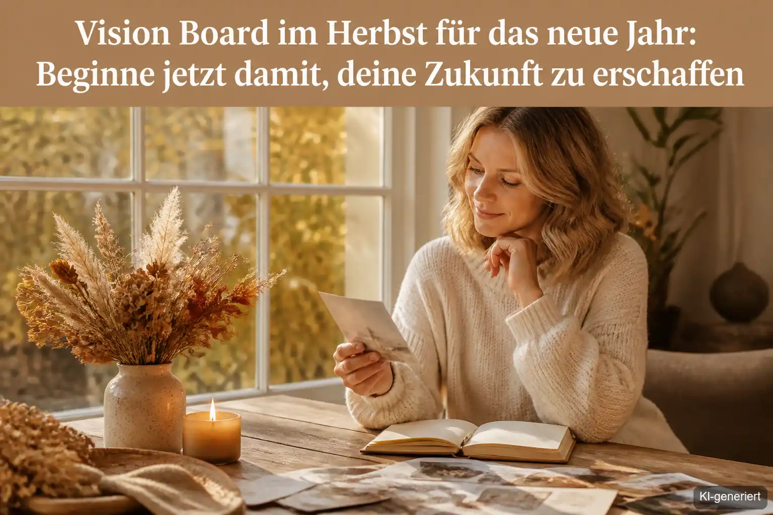 Frau sitzt im warmen Herbstlicht und gestaltet ihr Vision Board mit Fotos und Worten für das neue Jahr