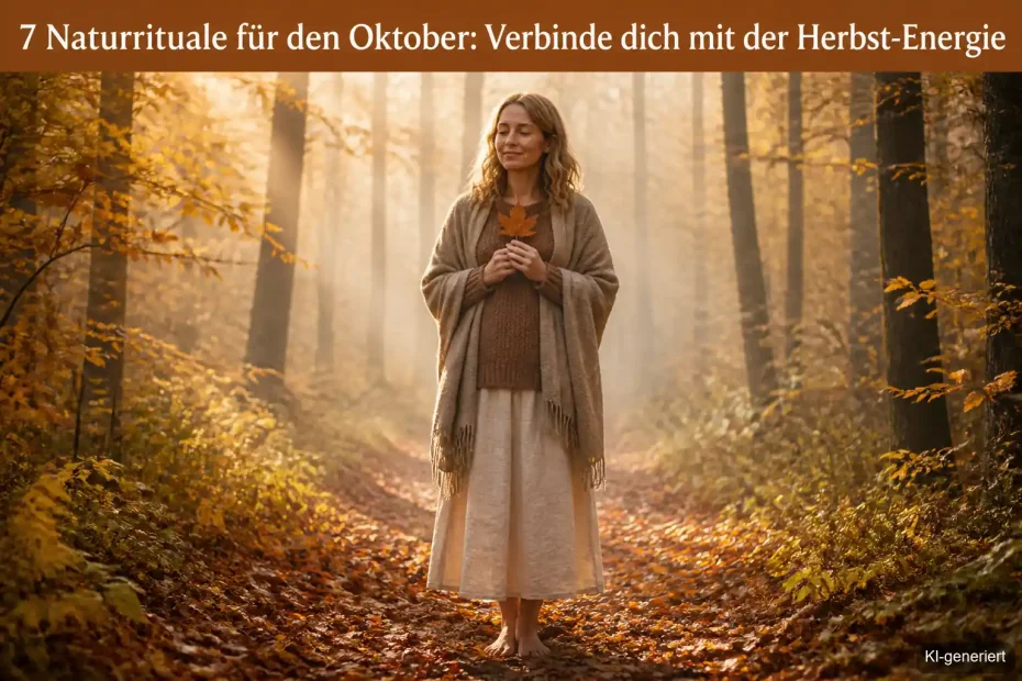 Frau hält ein gefallenes Herbstblatt achtsam in beiden Händen bei einem ruhigen Spaziergang im Wald
